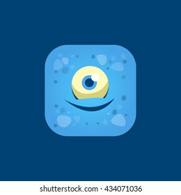 Pleased Blue Monster Emoji Icon. Creative Vector Emoticon Alien Monster Face. Cartoon Monster Character Square Button Drawing.
