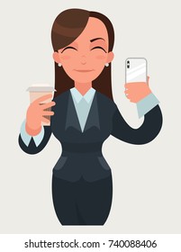 Pleased business woman with a cup of coffee and smartphone. Funny cartoon woman in flat vector style illustration. Businesswoman expression