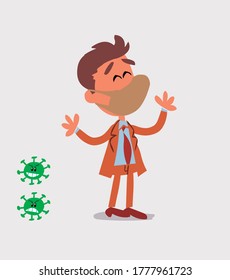 Pleased businessman with mask and virus COVID explaining something