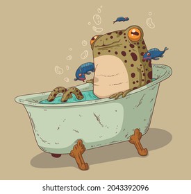 Pleased calm frog is taking a bath in a company of cute tiny fish