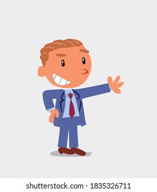 Pleased cartoon character of businessman points to something