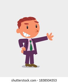 Pleased cartoon character of businessman points to something