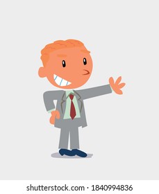 Pleased cartoon character of businessman points to something
