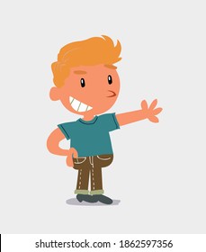 Pleased cartoon character of  little boy in jeans points to something