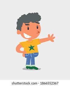 Pleased cartoon character of  little boy on jeans points to something