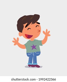 Pleased cartoon character of  little boy on jeans explaining something