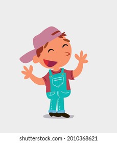 Pleased cartoon character of  little boy on jeans explaining something