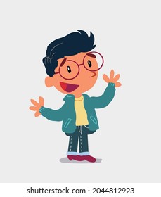 Pleased cartoon character of  little boy on jeans explaining something