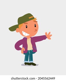 Pleased cartoon character of  little boy on jeans points to something