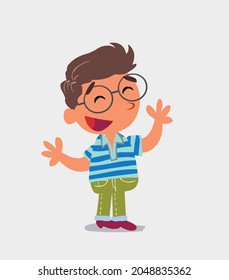 Pleased cartoon character of  little boy on jeans explaining something