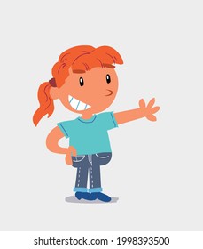 Pleased cartoon character of  little girl on jeans points to something