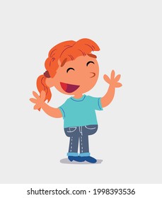 Pleased cartoon character of  little girl on jeans explaining something