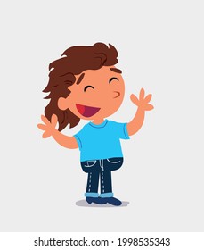 Pleased cartoon character of  little girl on jeans explaining something