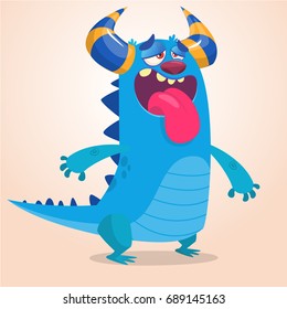 Pleased cartoon monster. Vector illustration of blue monster mascot with pleased and tired expression. Halloween design