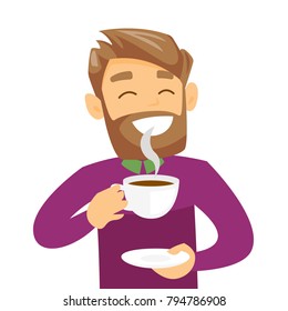 Pleased caucasian white man with closed eyes drinking hot flavored coffee. Young hipster man with beard holding a cup of coffee with steam. Vector cartoon illustration isolated on white background.