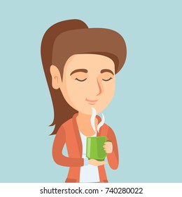 Pleased caucasian woman drinking hot flavored coffee. Young smiling woman holding a cup of coffee with steam. Woman enjoying coffee with closed eyes. Vector cartoon illustration. Square layout.