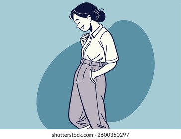Pleased cheerful Asian woman keeps hand on belly feels full after delicious dinner dressed casually stands thoughtful against blue background.
