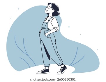 Pleased cheerful Asian woman keeps hand on belly feels full after delicious dinner dressed casually stands thoughtful against blue background.