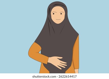 Pleased cheerful Hijab woman keeps hand on belly feels full after delicious dinner dressed casually stands thoughtful against blue background