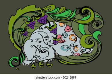 Pleased elephant relaxes in the bush. Vector illustration.