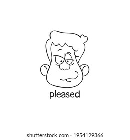 Pleased. Emotion. Human face. Cartoon character. Isolated vector object on white background.