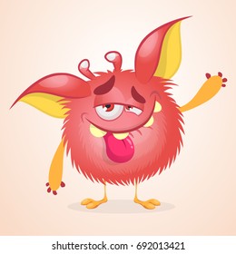 Pleased funny monster cartoon. Vector illustration of funny troll or gremlin