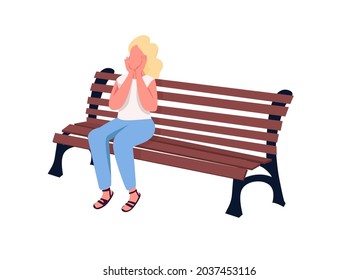 Pleased girl sitting on bench semi flat color vector character. Full body person on white. Park visitor relaxing isolated modern cartoon style illustration for graphic design and animation