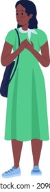 Pleased girl wearing green dress semi flat color vector character. Posing figure. Full body person on white. Schoolgirl isolated modern cartoon style illustration for graphic design and animation