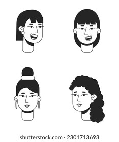 Pleased glad women monochrome flat linear character heads set. Girls diversity. Editable outline people icons. Line users faces. 2D cartoon spot vector avatar illustration pack for animation