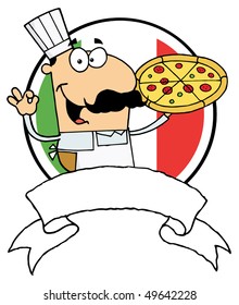 Pleased Male Pizza Chef With His Perfect Pie  In Front Of Flag Of Italy