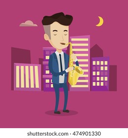 Pleased musician playing on saxophone. Man with his eyes closed playing on saxophone in the night. Musician with saxophone in the city street. Vector flat design illustration. Square layout.