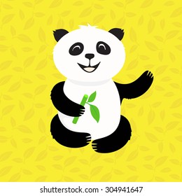 pleased panda eats bamboo in the leaves