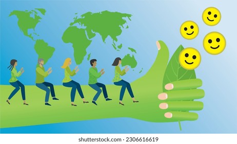 Pleased people sitting on green hand, the hand holding a leaf and  gives thumb up. Dimension 16:9. Vector illustration.