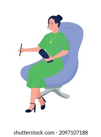 Pleased psychologist sitting on chair semi flat color vector character. Full body person on white. Psychological specialist isolated modern cartoon style illustration for graphic design and animation