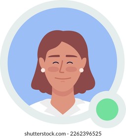 Pleased woman with earrings flat vector avatar icon with green dot. Editable default persona for UX, UI design. Profile character picture with online status indicator. Color messaging app user badge