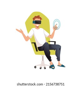 Pleased young boy sitting at computer chair in virtual reality glasses flat style, vector illustration isolated on white background. VR travel concept, male character