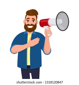 Pleased young man holding a megaphone or loudspeaker and holding hand on chest feeling thankful, gratitude. Human emotion facial expression feeling concept illustration in vector cartoon style.