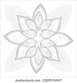 Pleasing decorative flower of Coloring book page for adult Black outline and white background