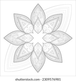 Pleasing decorative flower of Coloring book page for adult Black outline and white background