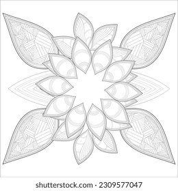 Pleasing decorative flower of Coloring book page for adult Black outline and white background