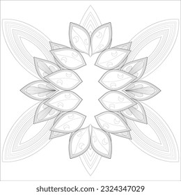 Pleasing decorative flower of Coloring book page for adult in Black outline and white background