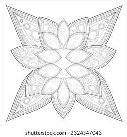 Pleasing decorative flower of Coloring book page for adult in Black outline and white background