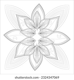Pleasing decorative flower of Coloring book page for adult in Black outline and white background