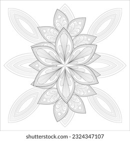 Pleasing decorative flower of Coloring book page for adult in Black outline and white background