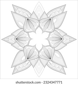 Pleasing decorative flower of Coloring book page for adult in Black outline and white background