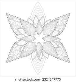 Pleasing decorative flower of Coloring book page for adult in Black outline and white background