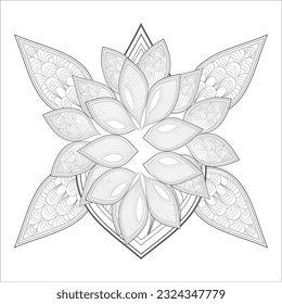 Pleasing decorative flower of Coloring book page for adult in Black outline and white background