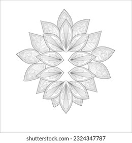 Pleasing decorative flower of Coloring book page for adult in Black outline and white background