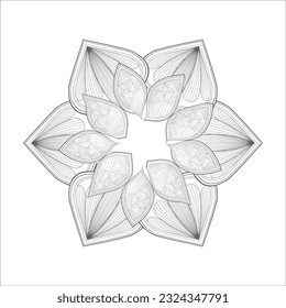 Pleasing decorative flower of Coloring book page for adult in Black outline and white background