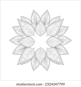 Pleasing decorative flower of Coloring book page for adult in Black outline and white background